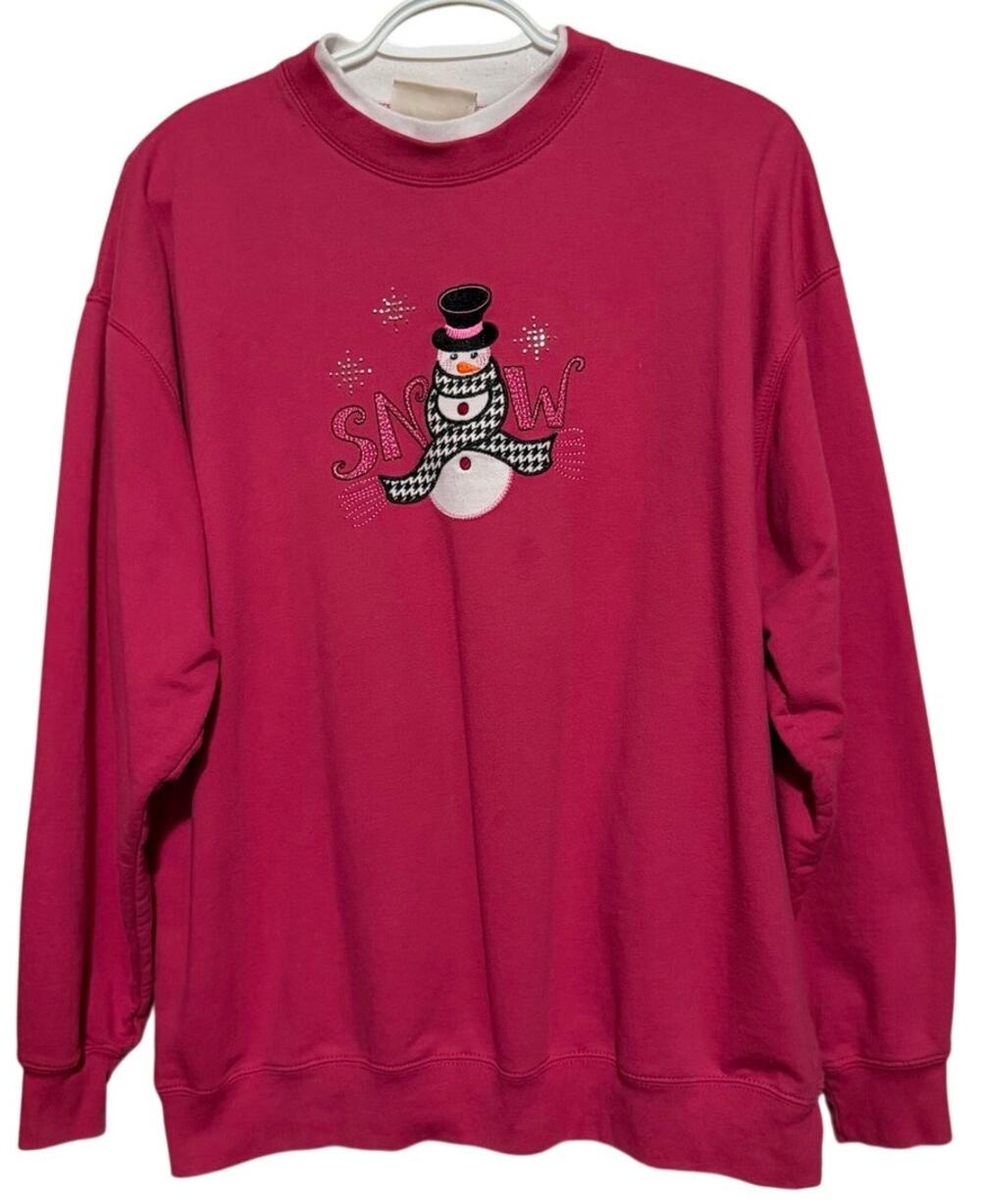 M&C Sportswear Women's Pink Embroidered Snow Snowman Sweatshirt Size XL